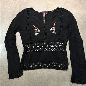 Say What? Black Knit Top Tapestry style open weave L